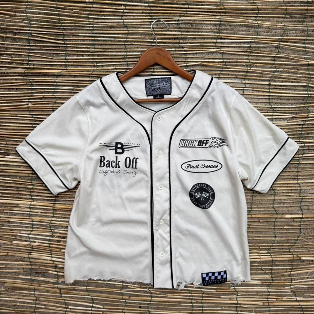 Back Off Baseball Jersey Men's Size Large Button Front White Streetwear‎